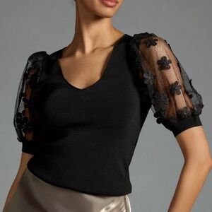 Anthropologie Dolan Floral Applique Top in Black Size Small
